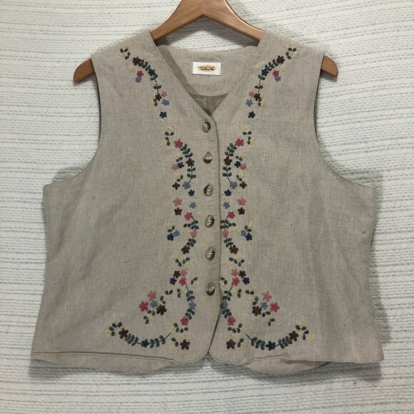Talbots Women's Tan and Cream Gilet with Floral Embroidery Size Large - Picture 2 of 7